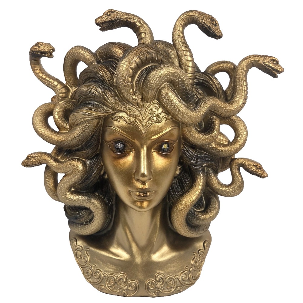 Spooky Night Medusa Bust 13 Inch Light Up Eyes Gold Snake Halloween Gothic Decor